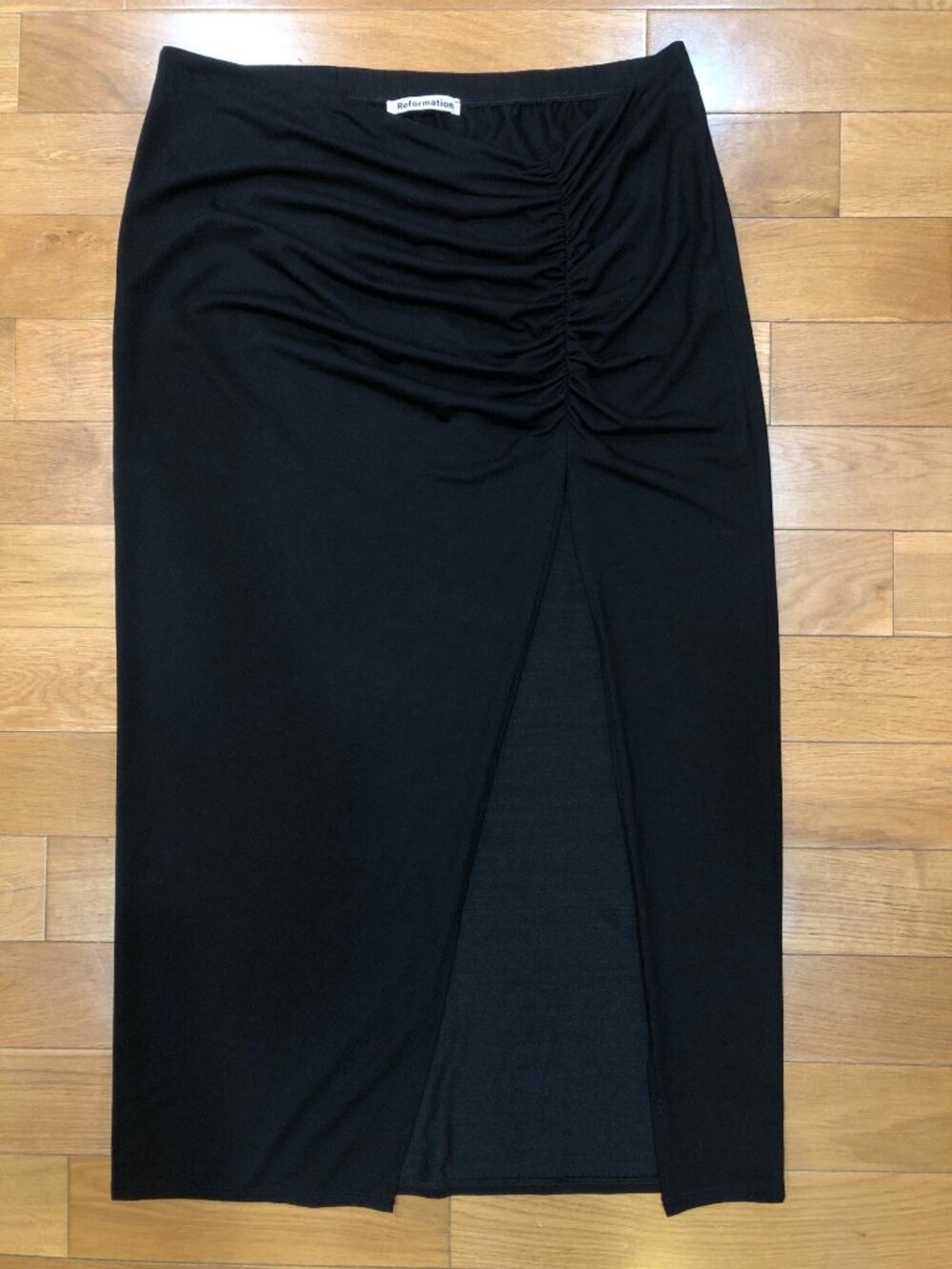 Reformation Rylan Black Ruched Midi Skirt High Slit Plus Size 1X Tencel Knit